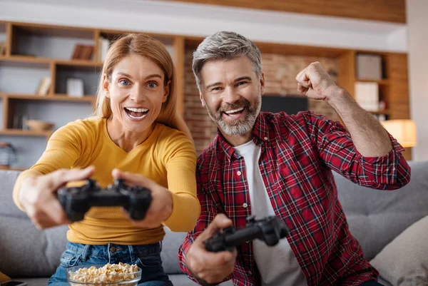 Glad Excited Adult Caucasian Female Male Joysticks Play Online Game — Foto de Stock