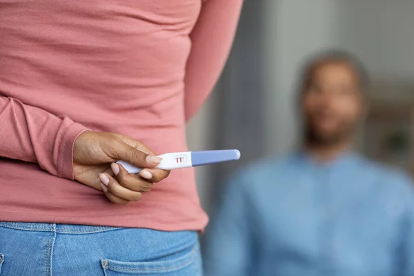 Unrecognizable Woman Hiding Positive Pregnancy Test Her Back Surprising Her — Stockfoto