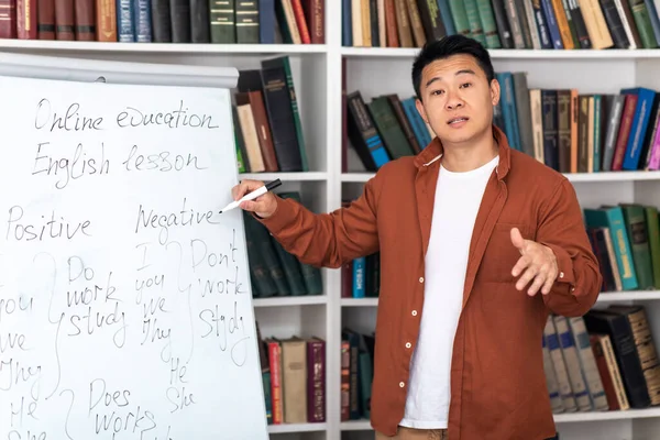 Teaching Asian Male Tutor Talking Looking Camera Pointing Whiteboard Having — Stockfoto