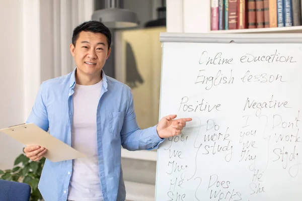 English Course. Happy Asian Male Teacher Having Foreign Language Class Standing Pointing At Whiteboard With Grammar Rules Smiling To Camera Posing In Modern Classroom At School. Education Concept
