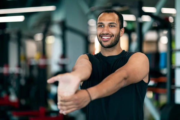 Warming Young Handsome Black Male Athlete Stretching Arm Muscles Gym — Stock Photo, Image