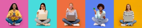 Happy Millennial Different Females Sit Laptop Phone Credit Card Order — Stockfoto