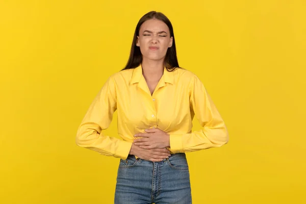 Stomachache Lady Touching Aching Belly Suffering Pain Posing Eyes Closed — Stok Foto