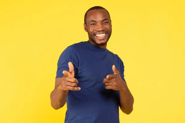 Choose You Cheerful African American Millennial Male Pointing Fingers Camera — Fotografia de Stock