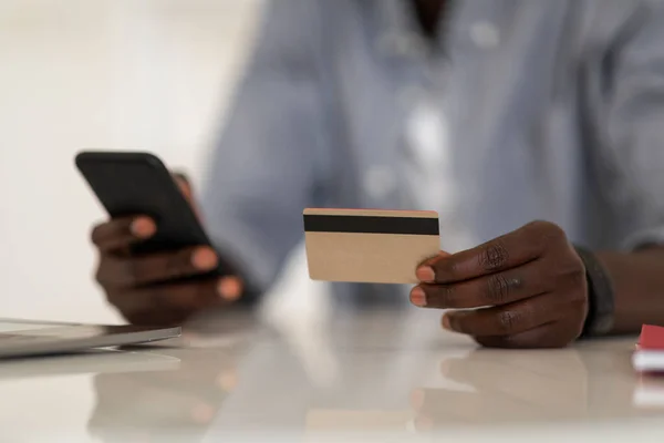 Commerce Concept Unrecognizable African American Man Using Smartphone Credit Card —  Fotos de Stock