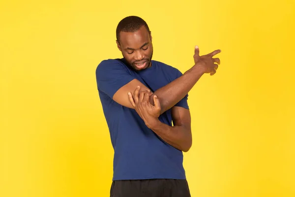 Sport Injury African American Man Touching Aching Arm Suffering Pain —  Fotos de Stock