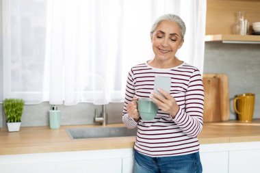 Mobile Communication. Smiling Senior Lady Relaxing In Kitchen With Smartphone And Coffee, Happy Elderly Female Messaging On Cellphone And Enjoying Hot Drink, Reading Online News, Copy Space