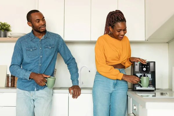 Happy Young African American Couple Drinking Morning Coffee Woman Using — Photo