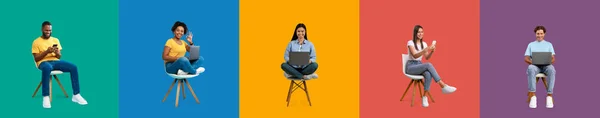 Glad Smiling Millennial Different People Sit Laptop Smartphone Chairs Isolated — 스톡 사진