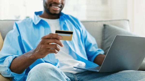 Online Banking Concept African American Man Laptop Credit Card Sitting — Stock Fotó