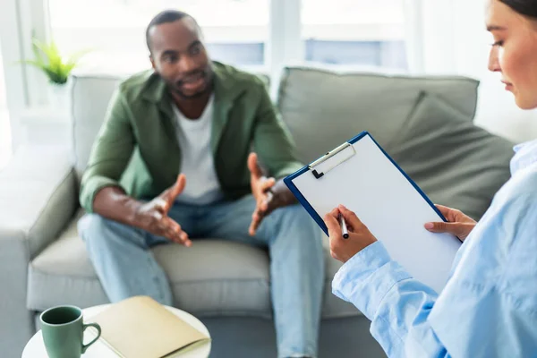 Psychological Assistance African American Man Having Counseling Session Therapist Office — 스톡 사진