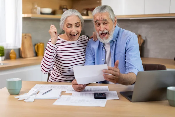 Portrait Excited Senior Spouses Papers Celebrating Good News Kitchen Happy — ストック写真