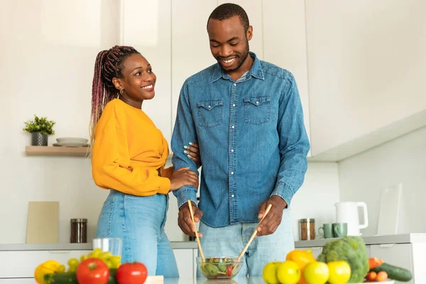 Loving Black Man Cooking Healthy Dinner His Beautiful Wife Preparing — Photo