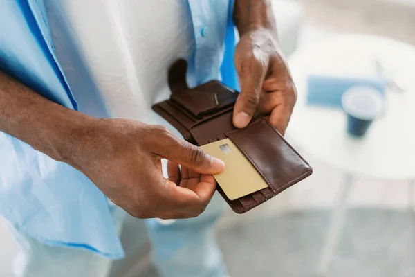 Unrecognizable Black Guy Taking Out Credit Card His Wallet Standing — Stock Fotó