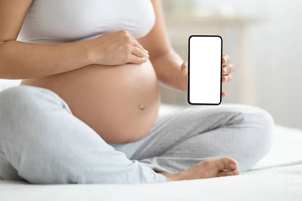 Modern Technologies Pregnancy Concept Unrecognizable Pregnant Woman Sitting Bed Home — Stok Foto