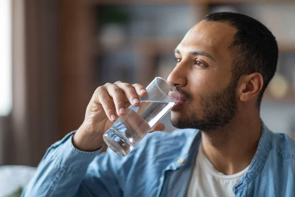 Portrait Of Handsome Young Black Man Drinking Water From Glass, Millennial African American Guy Enjoying Healthy Mineral Drink While Relaxing On Couch At Home, Closeup Shot With Free Space