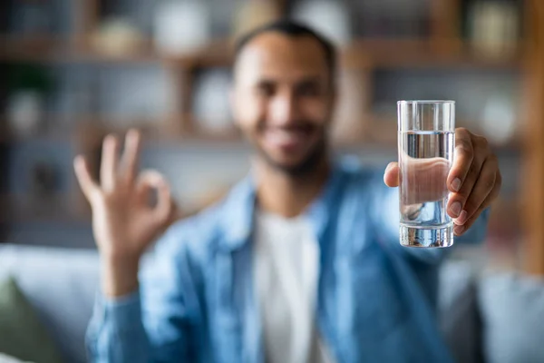 Smiling Black Man Holding Glass Clean Water Showing Gesture Happy — Stock Fotó