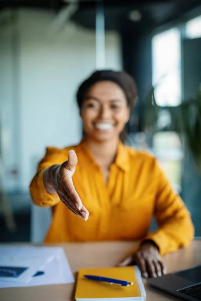 Cooperation Concept Happy Black Businesswoman Extending Hand Handshake Camera Sitting — Photo