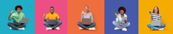 Smiling Surprised Millennial Diverse Males Females Sit Laptop Credit Card — Foto de Stock