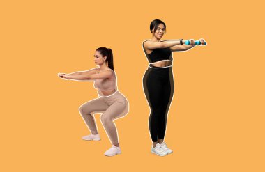 Concentrated smiling slim diverse millennial female athletes in sportswear, overweight women drawn around, doing squat isolated on orange background. Workout at gym, body care and active lifestyle