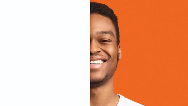 Half Portrait Happy Black Millennial Male Posing Paper Board Text — Stock Fotó