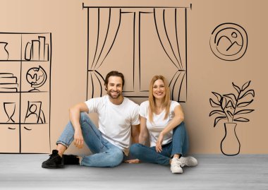 Cheerful loving young couple posing over interior doodles, happy millennial family husband and wife moving to new apartment, collage. Relocation, real estate, mortgage concept