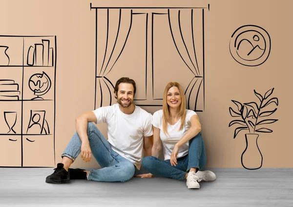 Cheerful Loving Young Couple Posing Interior Doodles Happy Millennial Family — Foto Stock