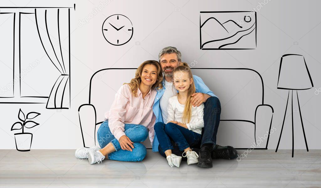 Parents And Little Daughter Sitting Together And Hugging Posing Over Interior Sketch. Middle Aged Father And Mother Embracing Their Kid Smiling To Camera, Dreaming About Own House, Collage