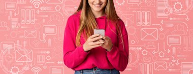 Online Communication. Young Female Using Smartphone Over Pink Background With Media Icons, Unrecognizable Woman Browsing App On Mobile Phone Or Messaging With Friends, Collage, Panorama