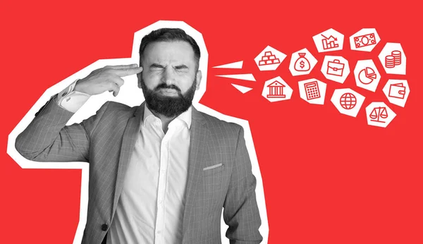 Monochrome Distressed Bearded Guy Suit Businessman Showing Shoot Gesture Holding — Stok Foto