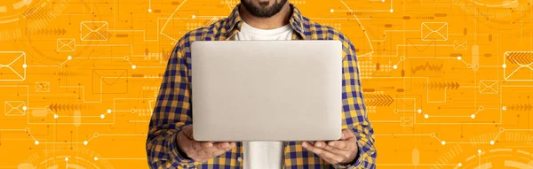 Online Communication Man Using Laptop Yellow Technology Background Media Icons — Stok fotoğraf
