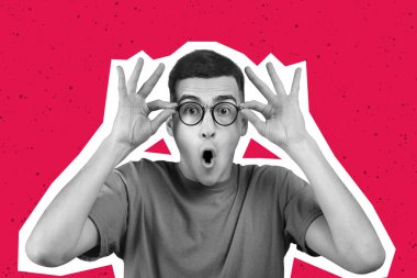 Amazed young guy wearing eyeglasses posing on colorful studio background, emotional handsome millennial black and white man sharing excitement, touching his specs, mouth open, collage, magazine style