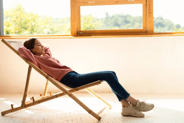 Calm Teenage Girl Relaxing Lounge Chair Home Closing Eyes Resting — Fotografia de Stock