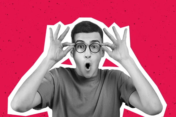 Amazed Young Guy Wearing Eyeglasses Posing Colorful Studio Background Emotional —  Fotos de Stock