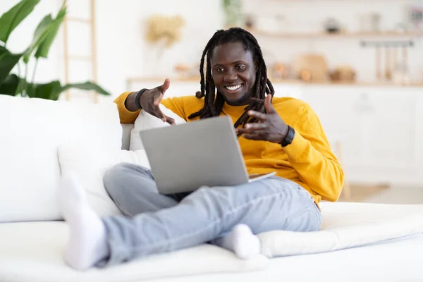 Smiling Young Black Man Making Video Call Laptop Home Cheerful —  Fotos de Stock