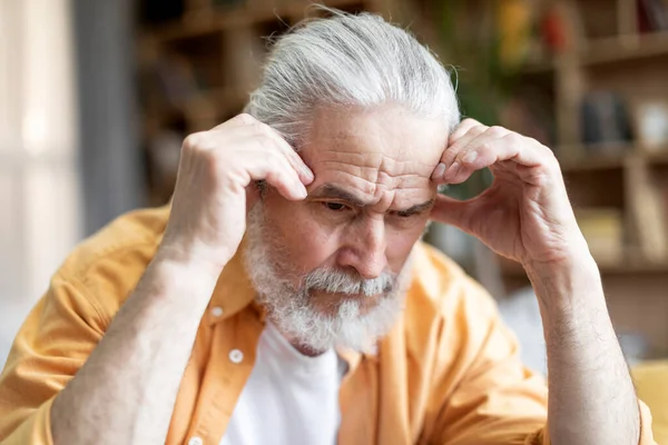 Closeup Portrait Sad Bearded Grey Haired Senior Man Casual Outfit — Fotografia de Stock