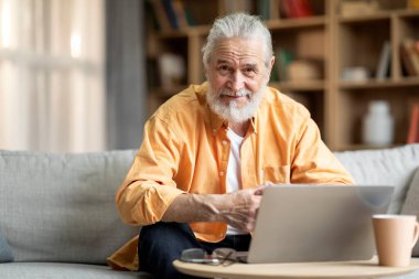 Handsome bearded grey-haired senior man freelancer working from home, sitting on couch, using laptop, drinking coffee, looking at camera and smiling, copy space. Job opportunities for elderly people