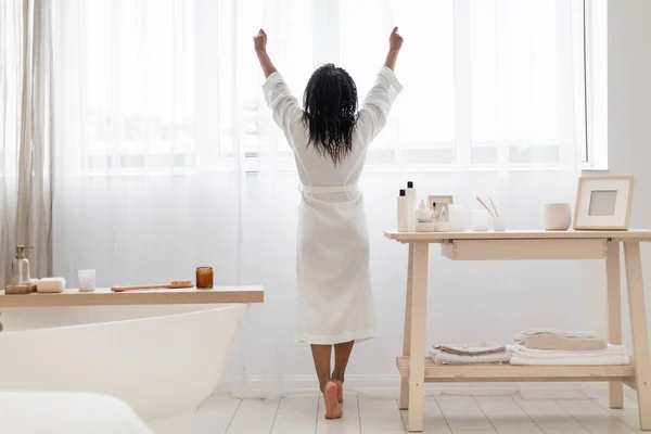 Rear View Young Black Woman Bathrobe Standing Window Stylish Bathroom — 스톡 사진