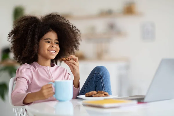 Cheerful black girl with bushy hair having break while studying at home, sitting at desk, eating cookies, drinking juice or cocoa, looking at computer screen and smiling, watching cartoons, copy space
