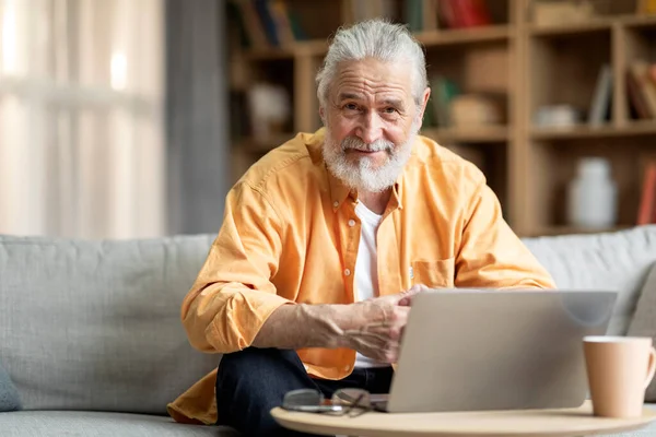 Handsome Bearded Grey Haired Senior Man Freelancer Working Home Sitting — ストック写真