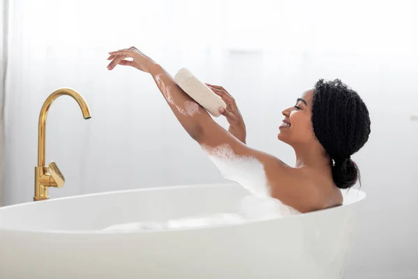 Beautiful Young Black Woman Taking Bath Foam Home Happy African — Zdjęcie stockowe