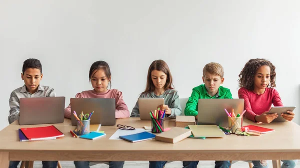 Five Multiethnic School Kids Using Laptops Having Online Class Sitting — Stock Fotó