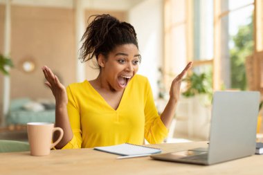 Overjoyed african american lady looking at laptop and screaming WOW, celebrating success, being happy over huge sale in web store, sitting at table at home