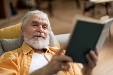 Positive handsome elderly man laying on couch in living room, reading nice story, happy grandfather enjoying weekend at home, holding book, closeup shot. Relaxation concept
