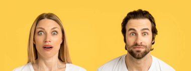 Surprised funny millennial caucasian man with stubble and female in white t-shirts looks at camera, isolated on yellow background. Amazed ad and shocking offer, facial expression, people emotions