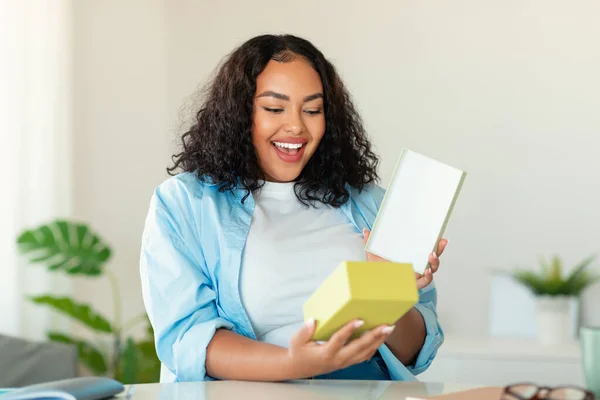 Successful Shopping Happy Sized Black Woman Unpacking Delivered Box Standing — Fotografia de Stock