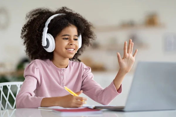 Happy African American School Girl Cute Bushy Hair Sitting Desk — Stockfoto