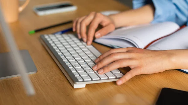 Closeup Female Hands Computer Keyboard While Unrecognizable Business Lady Typing — Stok fotoğraf