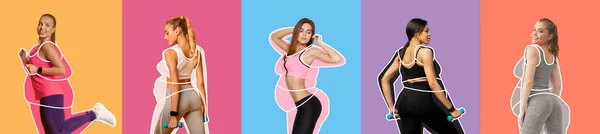 Glad Slender Different Young Women Athletes Sportswear Overweight Ladies Drawn — Stock Photo, Image