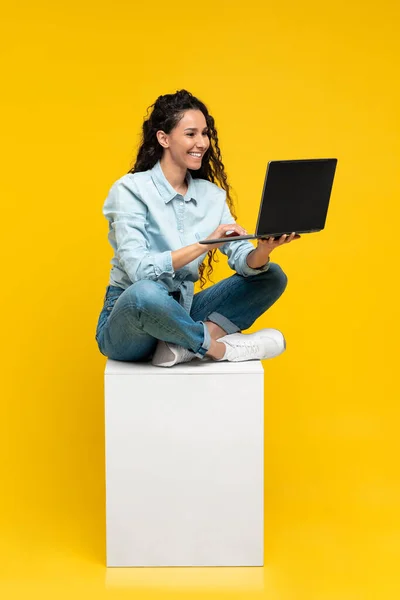 Vertical Shot Arabic Lady Using Laptop Computer Working Online Sitting — Φωτογραφία Αρχείου